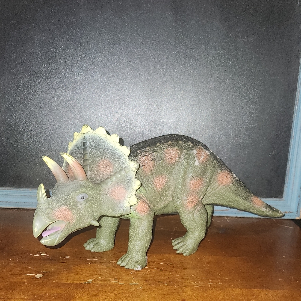 Green Triceratops Dinosaur Figure with Pink Accents